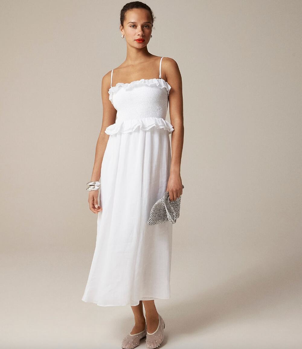 NEW J.Crew Ravenna Dress Ramie Ruffle Lightweight Smocked Midi White Small